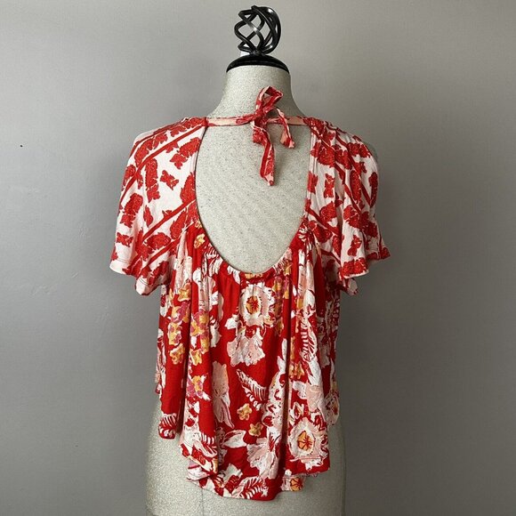 Free People Baja‎ Babe Red Floral Print Tie Back Cold Shoulder Tee Top Jersey XS - Picture 8 of 16